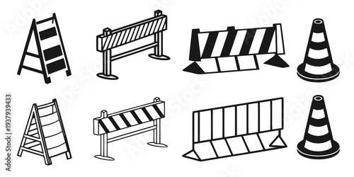 Assorted road signs and barriers for traffic control and safety Vector