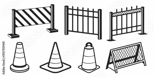 Construction site barriers and traffic cones for safety and organization. Vector