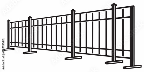A black metal fence with multiple panels and support legs Vector