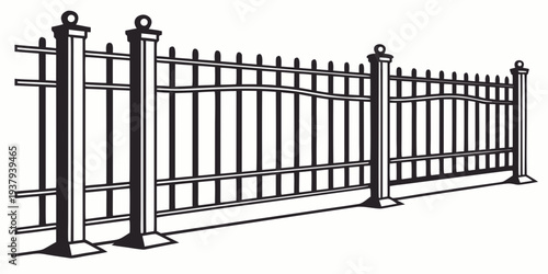 Elegant black metal fence with intricate designs and sturdy posts Vector