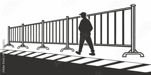A person walking past a series of metal gates that are all closed. Vector