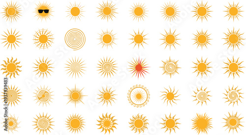 Set of orange sun icons and symbols isolated on white background various sunny weather shapes for summer heat travel and solar energy