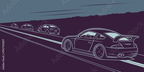 A group of cars navigating a winding mountain road during a stormy night. Vector