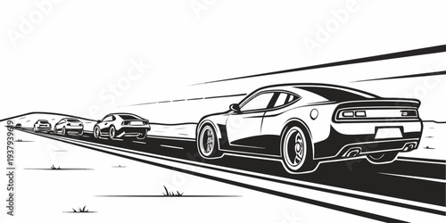 A line of cars waiting at a railway crossing with a train passing by. Vector