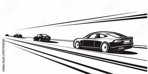A dynamic scene of three cars racing on a track, showcasing speed and competition. Vector