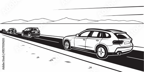 Cars driving on a highway during a rainy day with a scenic mountain view Vector