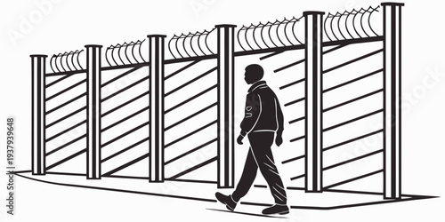 A person walking past a series of tall, white, vertical blinds in a modern building. Vector