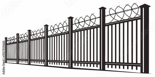 A tall, ornate, black metal fence with pointed tops and intricate designs. Vector