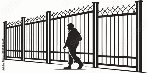 A person walking along a tall metal fence with pointed tops Vector