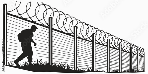 A man walking past a long, barbed wire-topped fence in a desolate area. Vector