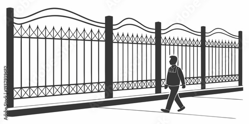 A person walking past a decorative metal gate with intricate designs Vector
