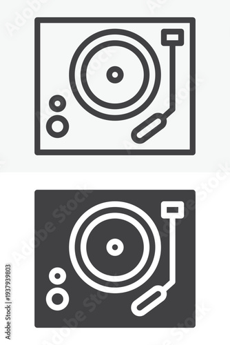 Vinyl record player turntable line and solid icon set. Outline and solid vector sign. Vinyl record player icon symbol with editable stroke representing retro music device.