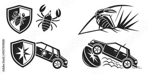 Protective shields featuring various symbols and objects including a spider, a bee, a car, and a truck Vector