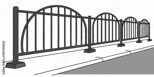 A detailed illustration of a large metal gate with multiple arches and pillars. Vector