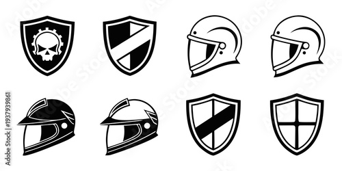 Assorted medieval helmets and shields in a variety of designs and styles Vector