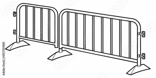 A set of three metal barricades standing in a row on a sidewalk. Vector