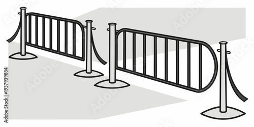 A row of metallic stanchions with red ropes attached to them in a public area. Vector