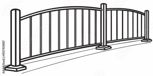 A decorative metal gate with intricate vertical bars and a curved top design. Vector