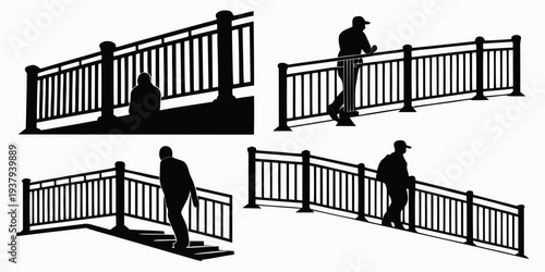 A man is seen climbing over a fence in a series of four images. Vector