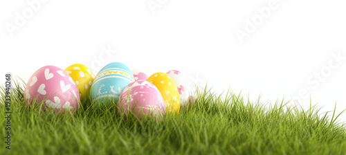 colorful easter eggs in green grass on a transparent background,