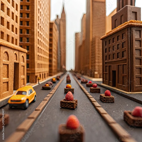 Miniature city landscape with brownies and fruit on a toy street with buildings and a yellow car model perfect for dessert and architecture themes.