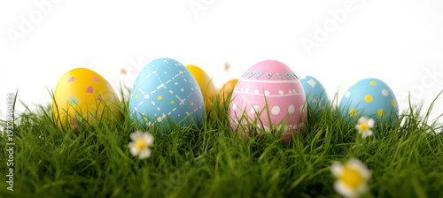 colorful easter eggs in green grass on a transparent background,