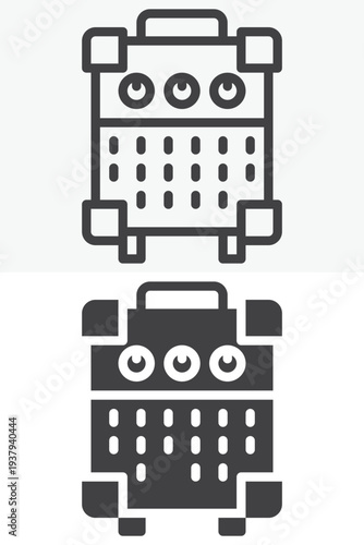 Guitar amplifier speaker cabinet line and solid icon set. Outline and solid vector sign. Guitar amplifier icon symbol with editable stroke representing audio sound equipment.