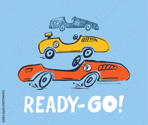 Racing car funny cool summer t-shirt print design. Race speed sports cabriolet auto. Ready-go slogan
