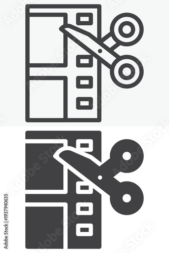 Video editing timeline scissors line and solid icon set. Outline and solid vector sign. Video editing icon symbol with editable stroke representing cut montage process.