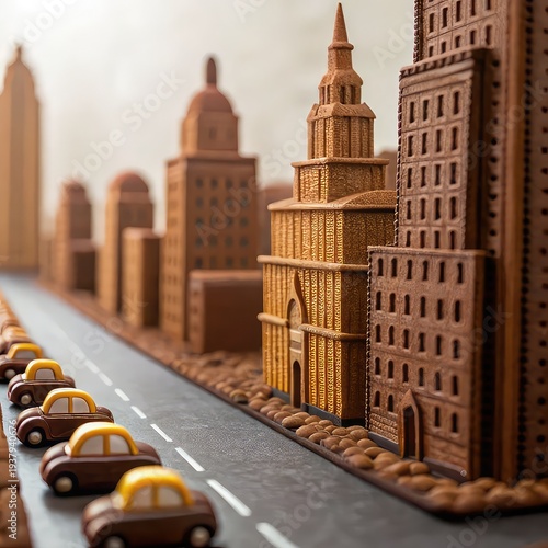 Intricately designed chocolate cityscape with miniature cars on a chocolate road, showcasing detailed architecture and texture, creating a whimsical and artistic scene.