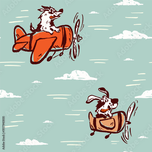 Dog friends flying in airplanes seamless pattern