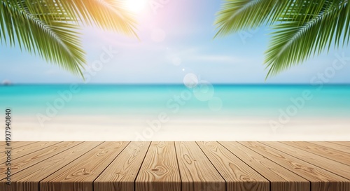 Sunny Ocean View with Palm Leaves and Wood Table