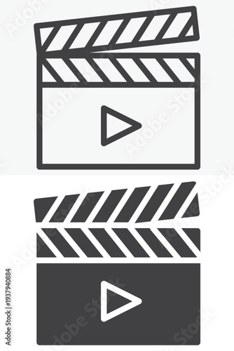 Movie clapper board cinema production line and solid icon set. Outline and solid vector sign. Clapper board icon symbol with editable stroke representing film shooting.