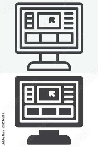 Video editing monitor interface line and solid icon set. Outline and solid vector sign. Video editing icon symbol with editable stroke representing film montage workspace.