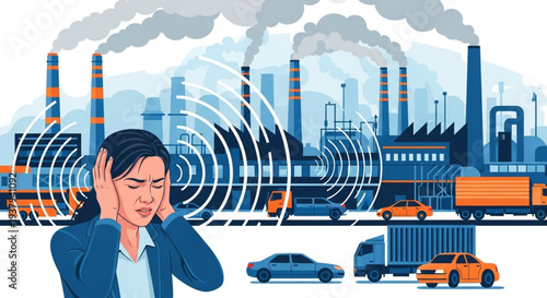 Woman covering ears from loud industrial noise pollution and traffic sounds.