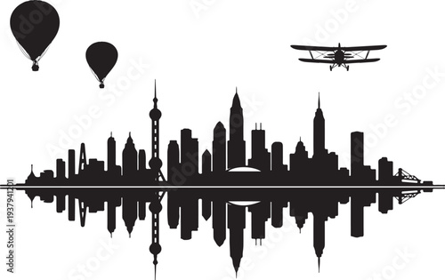 Shanghai skyline with hot air balloons and a vintage airplane silhouette