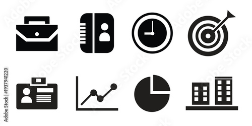 Business management and analytics icon set. Briefcase, chart, target and corporate symbols. Solid vector icons.