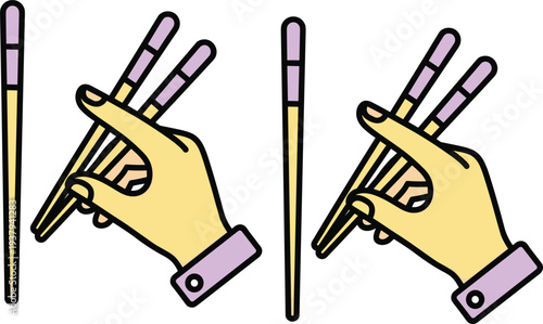 Hand Holding Chopsticks Illustration Set Showing Proper Finger Position for Asian Dining Etiquette and Traditional Food Culture