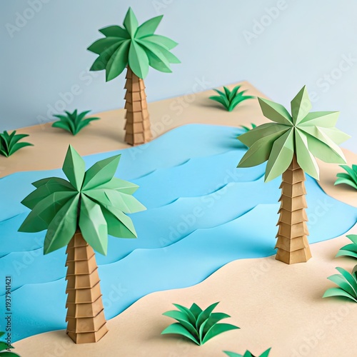 Serene paper art tropical beach scene with palm trees and geometric waves on a sandy shore, crafted from intricately cut paper.