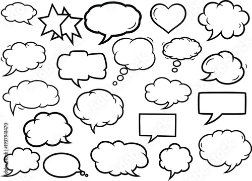 Collection of various comic book style speech bubbles and thought clouds