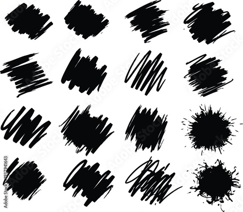 Collection of black brush strokes and scribbles on white background
