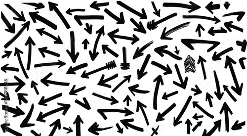 A chaotic arrangement of black arrows on a white background