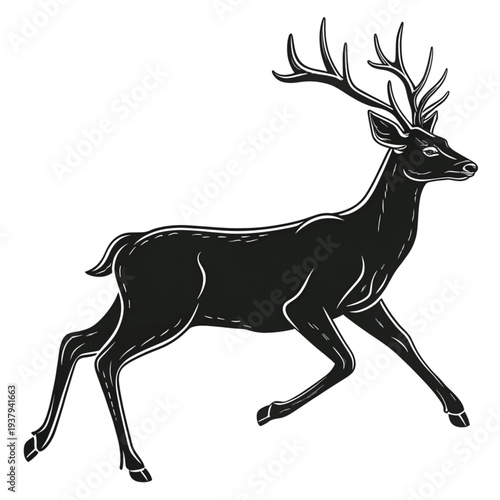 A detailed black and white illustration of a majestic stag in motion
