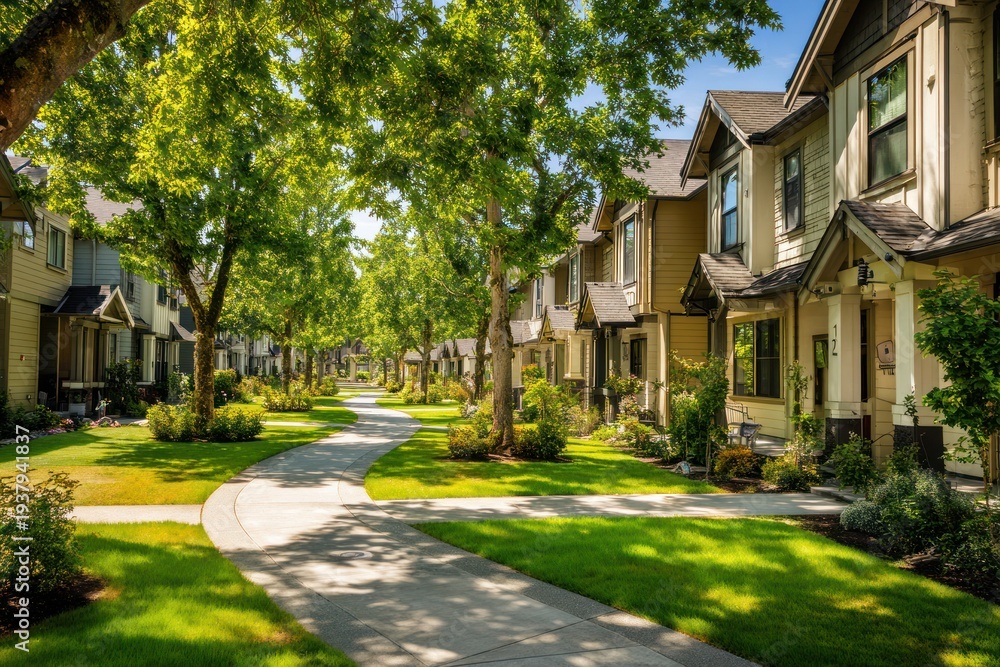Naklejka premium A winding concrete walkway leads through a lush green lawn between modern suburban townhouses under the shade of large leafy trees on a sunny day.