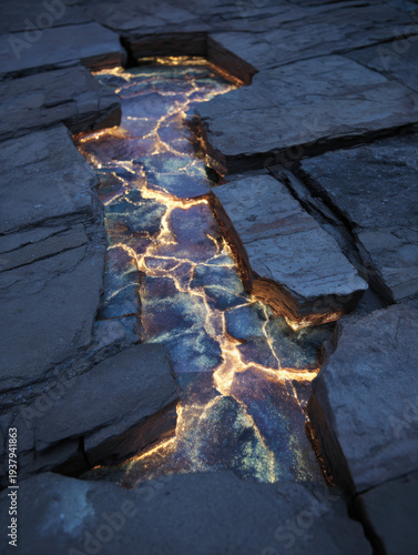 Wallpaper Mural Lava glows through fractured stone, casting warm light Torontodigital.ca