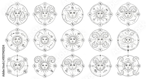 Collection of Zodiac Symbols and Celestial Icons.