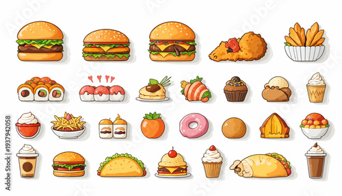 Minimal food icon collection, burger, pizza slice, coffee cup, ice cream, sushi, soda, clean line vector style, consistent stroke