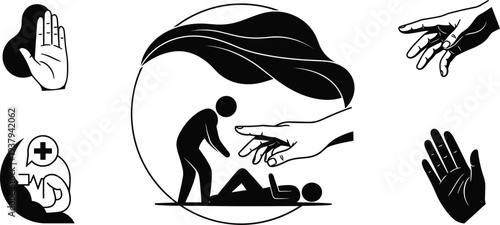 First Aid and Rescue Illustration Set with CPR Gesture, Helping Hand, Medical Care Symbol, and Life Saving Emergency Icons