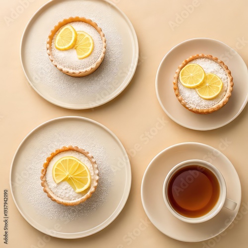 Delicious lemon tarts served on elegant plates with a cup of tea nearby freshly baked treats for a perfect afternoon tea experience