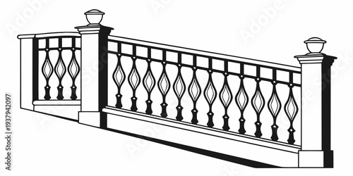 Elegant black metal railing with intricate circular designs and a curved top. Vector